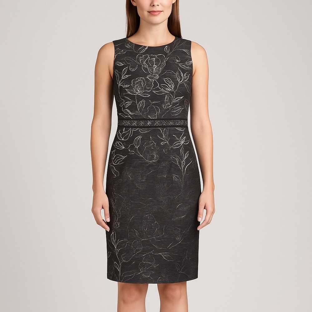 Nipon Sheath Flower Sleeveless Sheath Summer Dress Silver Grey Small 2